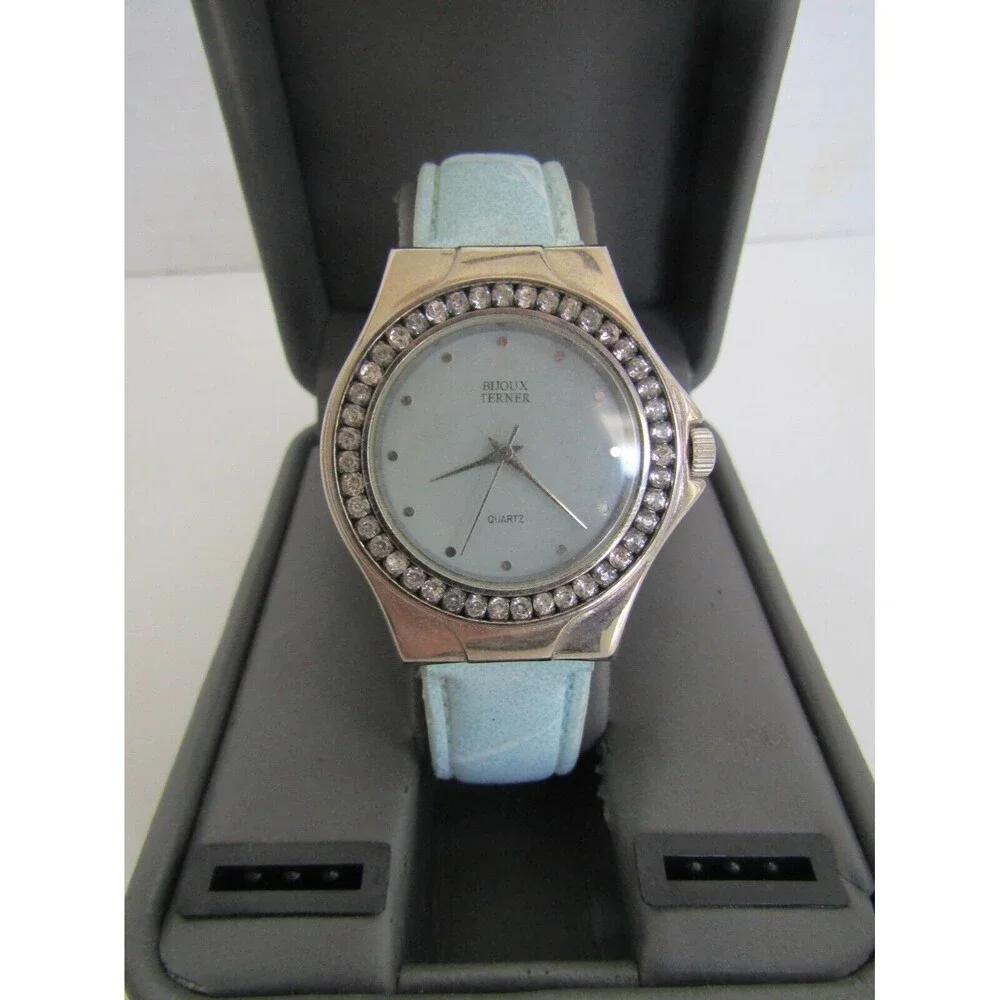 Bijoux Terner Watch Vintage Blue Leather Band Quartz Japan Movement Stainless